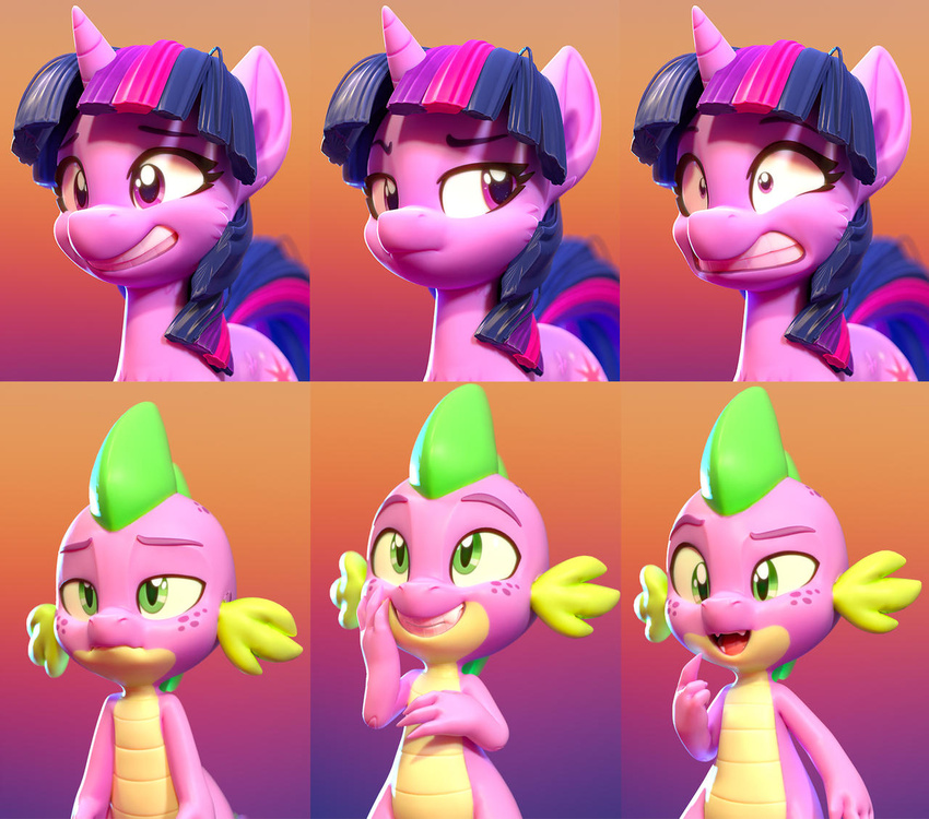 3d_(artwork) better_version_at_source digital_media_(artwork) dragon duo emotions equid equine facial_expressions fangs female friendship_is_magic fur green_eyes hasbro horn horse lemurfeature male male/female mammal model_sheet my_little_pony open_mouth pony purple_body purple_eyes purple_fur smile spike_(mlp) teeth twilight_sparkle_(mlp) unicorn