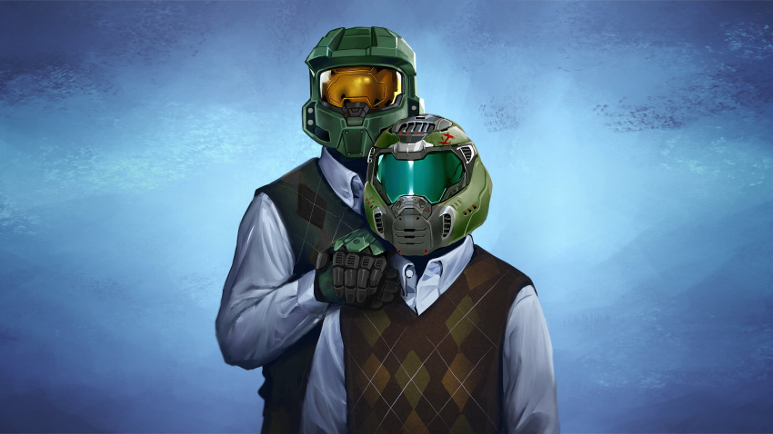 2boys alt_text artist_request assault_visor blue_background blue_visor collared_shirt commentary commission company_connection doom_(2016) doom_(series) doom_eternal doomguy english_commentary gloves halo_(series) hand_on_another's_shoulder height_difference highres male_focus mark_of_the_doom_slayer master_chief microsoft multiple_boys official_art opaque_helmet orange_visor parody plaid plaid_vest praetor_suit shirt step_brothers_(movie) trait_connection vest white_shirt