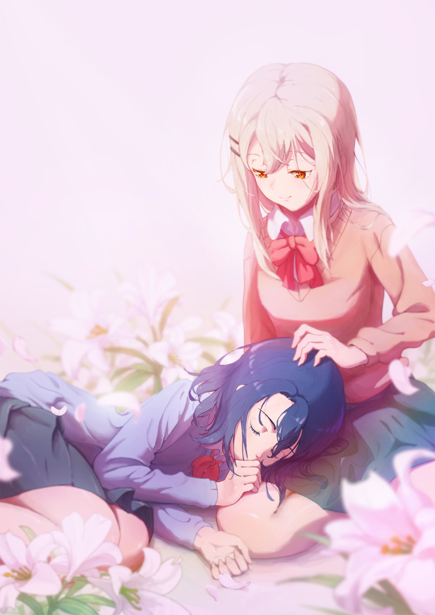 2girls adachi_sakura adachi_to_shimamura blonde_hair blue_hair blue_sweater blurry bow bowtie closed_eyes closed_mouth covered_mouth depth_of_field eyelashes flower hair_ornament hairclip half-closed_eyes hand_on_another's_head highres karma17 lap_pillow light_smile lily_(flower) long_hair long_sleeves looking_down lying multiple_girls orange_eyes orange_sweater parted_bangs petals pink_background red_bow school_uniform shimamura_hougetsu short_hair sidelocks sitting skirt sleeping sweater wariza yuri