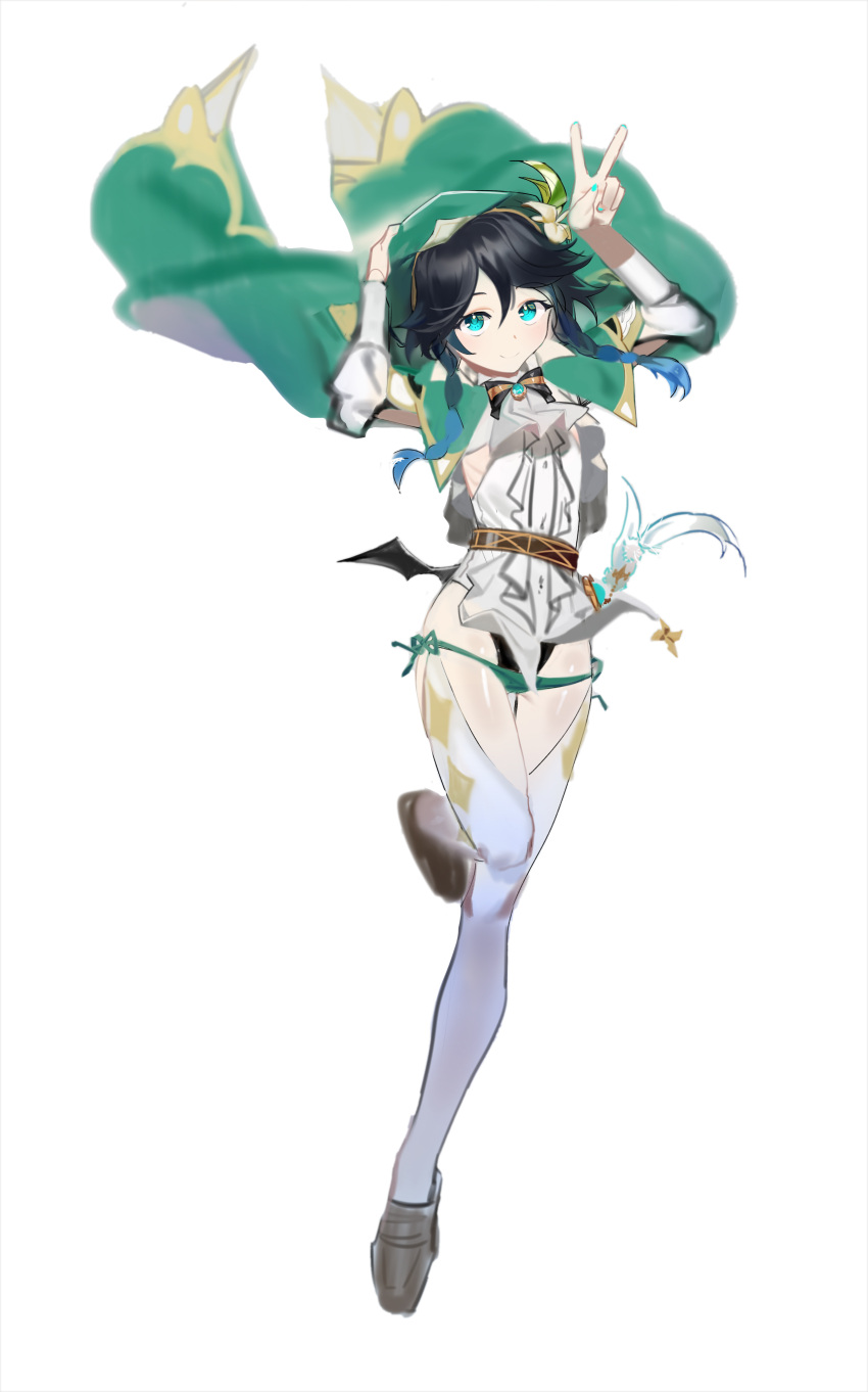 1boy absurdres androgynous argyle_clothes argyle_legwear bad_id bad_pixiv_id beret black_hair blue_hair blue_nails bow braid brooch closed_mouth collared_cape collared_shirt commentary english_commentary flower full_body gem genshin_impact gradient_hair green_eyes green_hat hair_flower hair_ornament hat hat_flower highres jewelry leaf looking_at_viewer male_focus multicolored_hair shirt short_hair_with_long_locks side_braids sidelocks simple_background solo suho_(1214ovo) thighhighs twin_braids venti_(genshin_impact) white_background white_flower white_shirt white_thighhighs