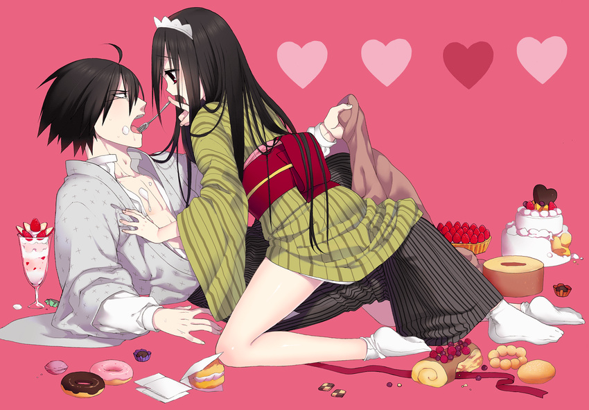 1boy bad_id bad_pixiv_id blush brown_hair cake doughnut feeding female food food_on_face fork glasses hairband highres itoshiki_nozomu japanese_clothes kimono komori_kiri long_hair momo_uzura open_mouth parfait red_eyes sayonara_zetsubou_sensei socks thighs