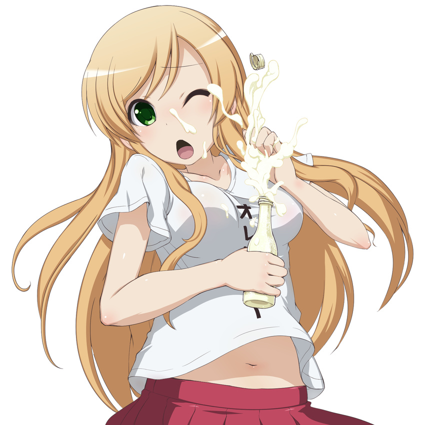 bad_id bad_pixiv_id blonde_hair blush breasts chestnut_mouth clothes_writing female futsuu_no_joshikousei_ga_locodol_yattemita green_eyes highres kohinata_yukari long_hair mayonnaise medium_breasts messy one_eye_closed open_mouth sexually_suggestive shirt simulated_bukkake solo suggestive_fluid t-shirt takeda_yukimura wince