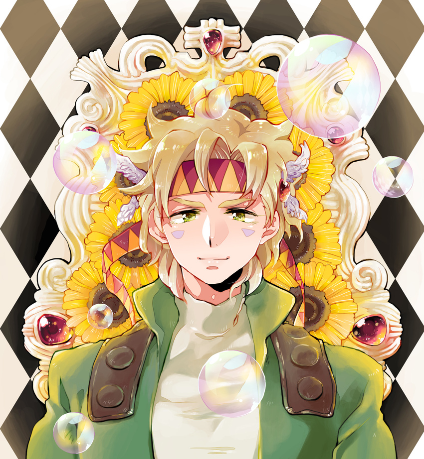 1boy argyle_background bad_id bad_pixiv_id blonde_hair bubble caesar_anthonio_zeppeli facial_mark flower green_eyes green_jacket headband highres jacket jojo_no_kimyou_na_bouken kinoshita_kirin male_focus solo sunflower