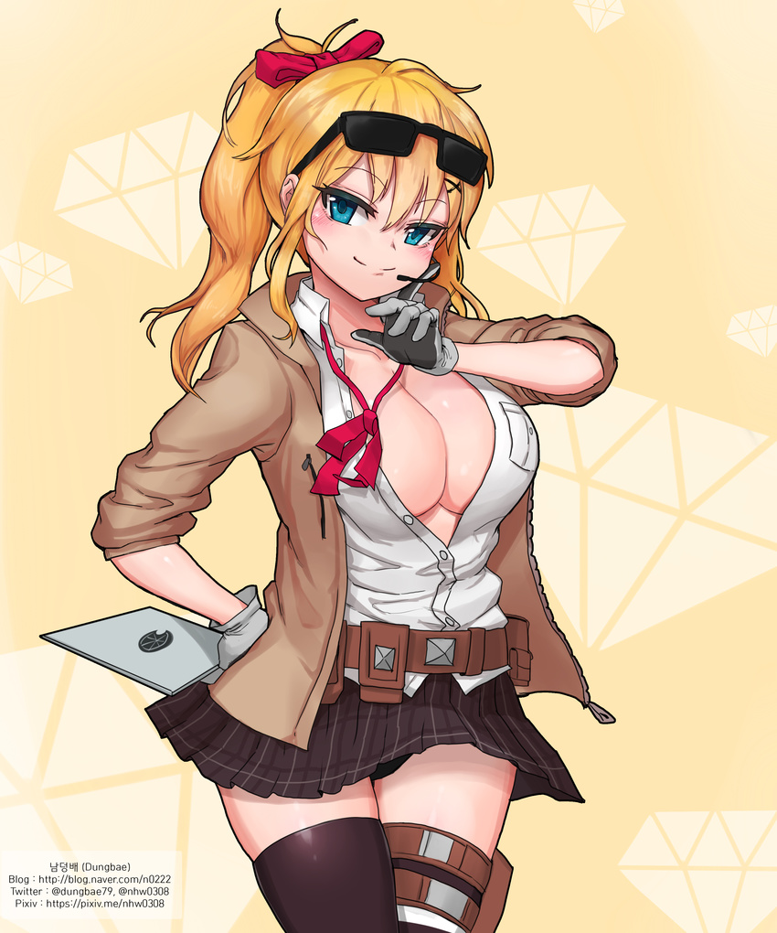 absurdres bad_id bad_pixiv_id belt black_legwear black_panties blonde_hair blue_eyes breasts cleavage commentary_request cowboy_shot diamond_(symbol) dungbae eyewear_on_head girls_frontline gloves hair_ribbon headset highres huge_breasts kalina_(girls_frontline) long_sleeves no_bra open_clothes open_shirt panties pantyshot ponytail ribbon shirt skirt sunglasses tablet_pc thighhighs underwear