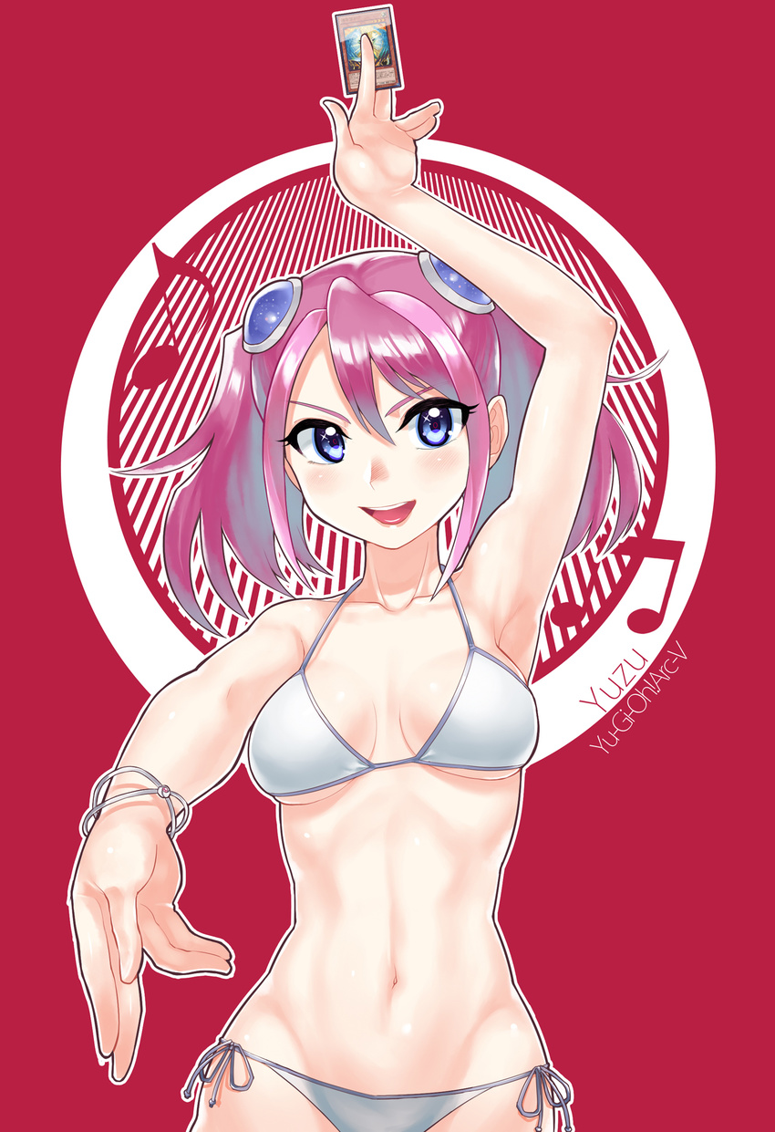 :d arm_up armpits beamed_eighth_notes bikini blue_eyes blue_hair bracelet breasts card commentary_request eighth_note female gradient_hair highres hiiragi_yuzu holding holding_card honest_(yu-gi-oh!) jewelry medium_breasts multicolored_hair musical_note navel open_mouth photoshop_(medium) pink_hair red_background short_twintails side-tie_bikini_bottom simple_background smile solo swimsuit twintails underboob upper_body waste-man white_bikini yu-gi-oh! yu-gi-oh!_arc-v