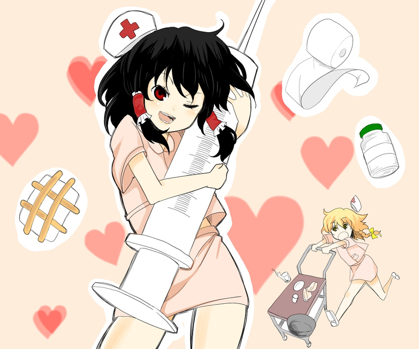 2girls bandages black_hair blonde_hair braid commentary_request hair_tubes hakurei_reimu hat heart kirisame_marisa large_syringe miniskirt morodashi multiple_girls nurse nurse_cap one_eye_closed oversized_object red_eyes running single_braid skirt syringe touhou uniform yellow_eyes