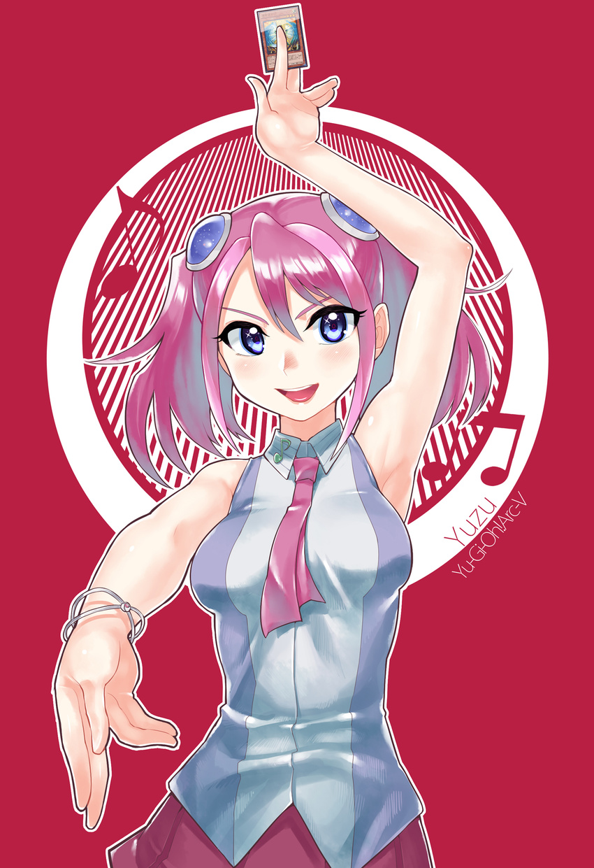 :d armpits beamed_eighth_notes blue_eyes blue_hair bracelet card commentary_request eighth_note female highres hiiragi_yuzu honest_(yu-gi-oh!) jewelry musical_note necktie open_mouth photoshop_(medium) pink_hair red_background short_twintails smile solo twintails waste-man yu-gi-oh! yu-gi-oh!_arc-v