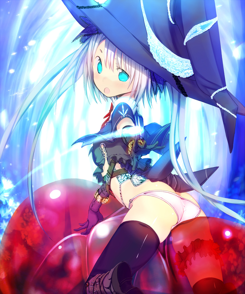 ass blue_eyes boots commentary_request female gloves hat highres iwatozaki_mamoru looking_back open_mouth panties shingoku_no_valhalla_gate slime_(creature) solo thighhighs underwear witch_hat