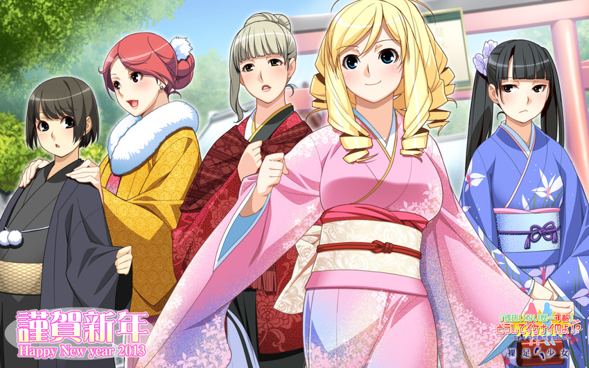 1boy 4girls aiura_ichika black_hair blonde_hair drill_hair hair_bun hair_ornament haori happy_new_year highres ino_(magloid) japanese_clothes kareshi_inai_reki_=_nenrei kasane_rinzu kimono kujou_ruri multiple_girls narushima_azuki narushima_natsuki new_year obi pink_kimono red_hair sash single_hair_bun twintails