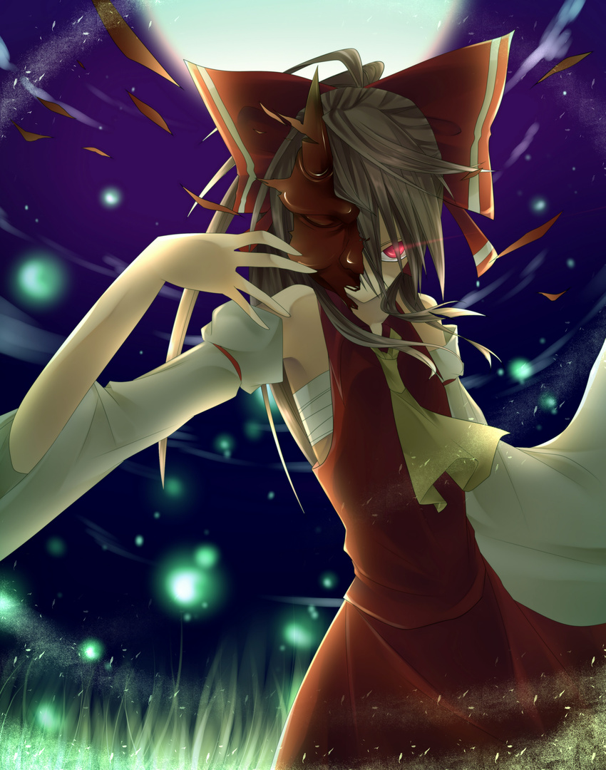 absurdres amase_(siki696) bow commentary_request detached_sleeves female full_moon glowing glowing_eyes hairbow hakurei_reimu highres moon onimiko sarashi solo touhou