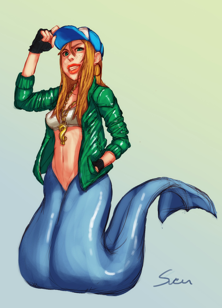 absurd_res baseball_cap brown_hair clothed clothing ear_piercing ear_ring female fingerless_gloves freckles gangsta gloves green_eyes hair handwear hat headgear headwear hi_res hoop_ear_ring humanoid jacket jewelry lips looking_at_viewer marine merfolk monster_girl_(genre) navel necklace piercing ring_piercing simple_background solo split_form standing svenners topwear tube_top