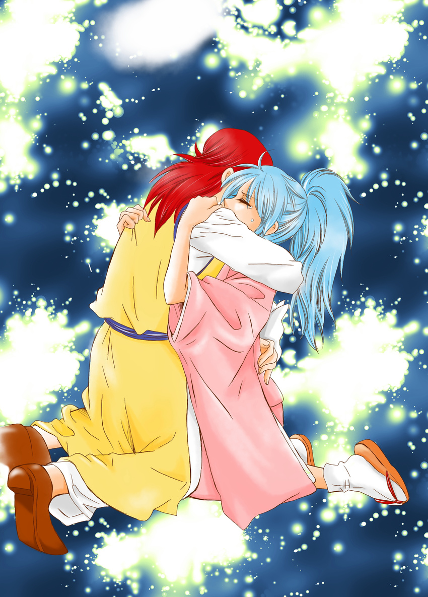 1boy absurdres blue_hair botan_(yu_yu_hakusho) botan_(yuu_yuu_hakusho) closed_eyes couple crying female female footwear highres hug japanese_clothes kimono kottonn12 kurama long_hair male ponytail red_hair sandals socks tears white_legwear white_socks yu_yu_hakusho yuu_yuu_hakusho