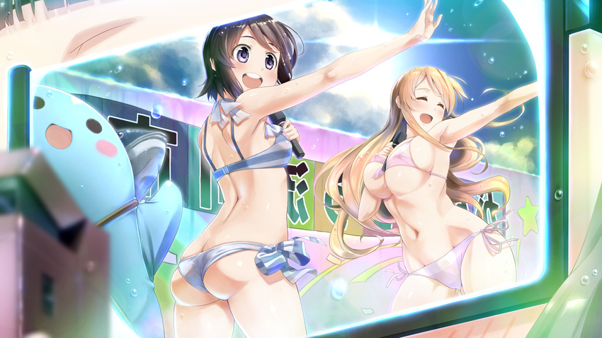 2girls :d ^_^ arched_back ass bare_shoulders bikini blonde_hair breasts brown_hair bursting_breasts butt_crack cleavage closed_eyes commentary_request contrapposto front-tie_top futsuu_no_joshikousei_ga_locodol_yattemita glasses highres huge_breasts kohinata_yukari long_hair microphone multiple_girls navel nishifukai_saori nomal open_mouth purple_eyes reflection semi-rimless_eyewear short_hair side-tie_bikini_bottom simple_background smile stage standing sweat swimsuit under-rim_eyewear underboob uogokoro-kun usami_nanako white_background wireless