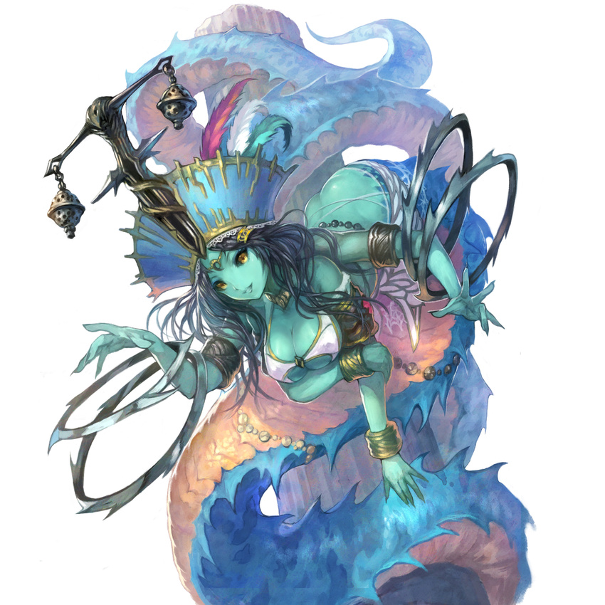 absurdres aqua_skin armlet ass black_hair breasts chakram character_request extra_arms female hat highres lamia large_breasts long_hair mistral_(yoru_no_nai_kuni) monster_girl official_art photoshop_(medium) simple_background smile solo tail underboob weapon white_background yellow_eyes yoru_no_nai_kuni yoshiku_(oden-usagi)