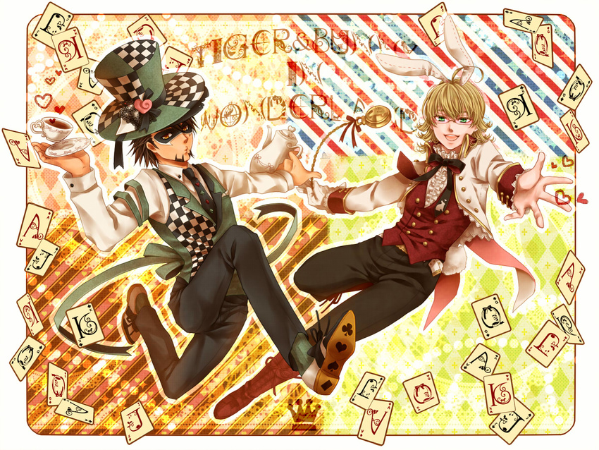 2boys ace_(playing_card) ace_of_clubs ace_of_diamonds alice_in_wonderland animal_ears barnaby_brooks_jr. black_bow black_footwear black_pants blonde_hair bow brown_eyes card checkered_clothes checkered_vest club_(shape) commentary_request cosplay cup diamond_(shape) facial_hair glasses goatee green_eyes green_vest hat holding holding_teapot jack_(playing_card) jack_of_clubs_(playing_card) jack_of_diamonds jack_of_hearts jacket kaburagi_t._kotetsu king_(playing_card) king_of_clubs king_of_hearts_(playing_card) mad_hatter_(alice_in_wonderland) mad_hatter_(alice_in_wonderland)_(cosplay) mask multiple_boys pants playing_card pocket_watch queen_(playing_card) queen_of_clubs rabbit_ears red_vest shiratama_(mofutto) shirt teacup teapot tiger_&_bunny top_hat vest waistcoat watch white_jacket white_rabbit_(alice_in_wonderland) white_rabbit_(alice_in_wonderland)_(cosplay) white_shirt