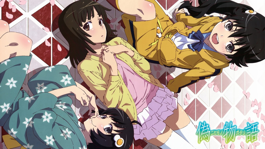 3girls araragi_karen araragi_tsukihi arm_support black_eyes black_hair blush brown_eyes brown_hair cropped egg_hair_ornament floor food-themed_hair_ornament hair_ornament highres lying michishita_kouta monogatari_(series) multiple_girls nisemonogatari open_mouth petals school_uniform sengoku_nadeko sideways skirt thighhighs third-party_source tsuganoki_second_junior_high_school_uniform