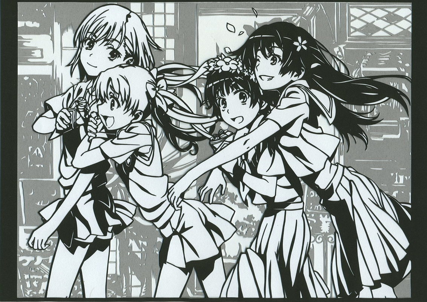 4girls :3 bad_id bad_pixiv_id border bow crepe derivative_work flower food greyscale hair_flower hair_ornament hairbow head_wreath hug hug_from_behind kirigami long_hair making-of_available misaka_mikoto monochrome multiple_girls nomori_urami sakugawa_school_uniform saten_ruiko school_uniform serafuku shirai_kuroko short_hair skirt summer_uniform sweater_vest toaru_kagaku_no_railgun toaru_majutsu_no_index tokiwadai_school_uniform twintails uiharu_kazari walking