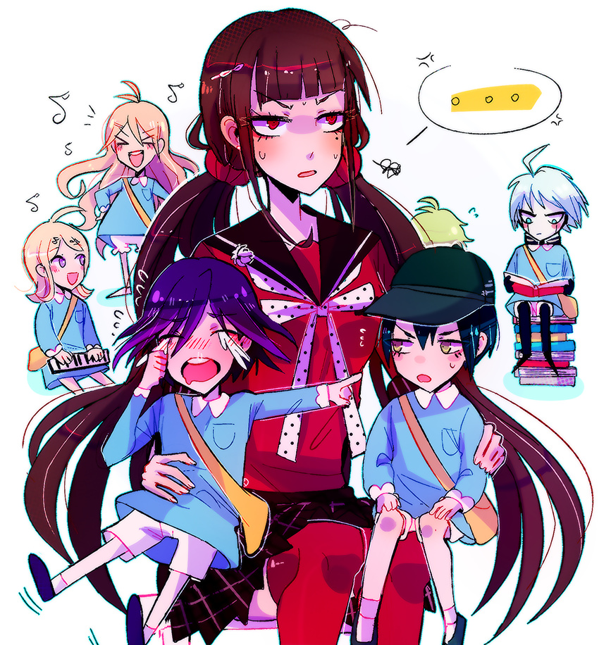 3girls 4boys ahoge akamatsu_kaede amami_rantarou android bag black_hair black_hat blonde_hair blue_eyes closed_eyes crying danganronpa eyebrows green_hair hair_ornament hairclip happy harukawa_maki hat huyandere iruma_miu keebo long_hair mecha miniskirt multiple_boys multiple_girls musical_note musical_note_hair_ornament new_danganronpa_v3 ouma_kokichi power_frame purple_eyes purple_hair red_eyes robot saihara_shuuichi serafuku short_hair shorts silver_hair singing skirt thighhighs tied_hair twintails yellow_eyes