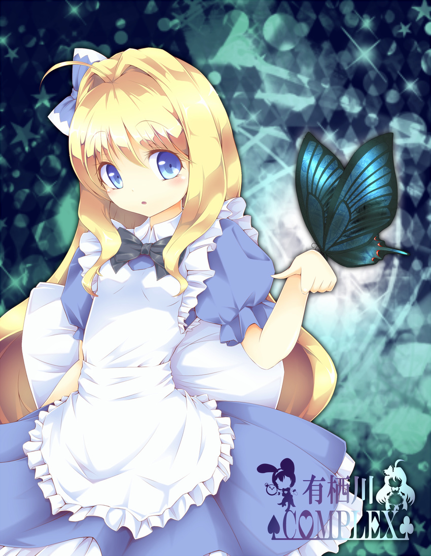 ahoge apron argyle_background arisugawa_nao blonde_hair blue_bow blue_dress blue_eyes blush bow bowtie bug butterfly butterfly_on_hand clenched_hand commentary_request copyright_name cowboy_shot dress expressionless female foreshortening frilled_apron frilled_dress frilled_sleeves frills hair_between_eyes hair_intakes hairbow highres josephine_(twin_tail_rabbit) logo long_hair original outstretched_arm parted_lips puffy_short_sleeves puffy_sleeves short_sleeves solo tareme very_long_hair wrist_flexed