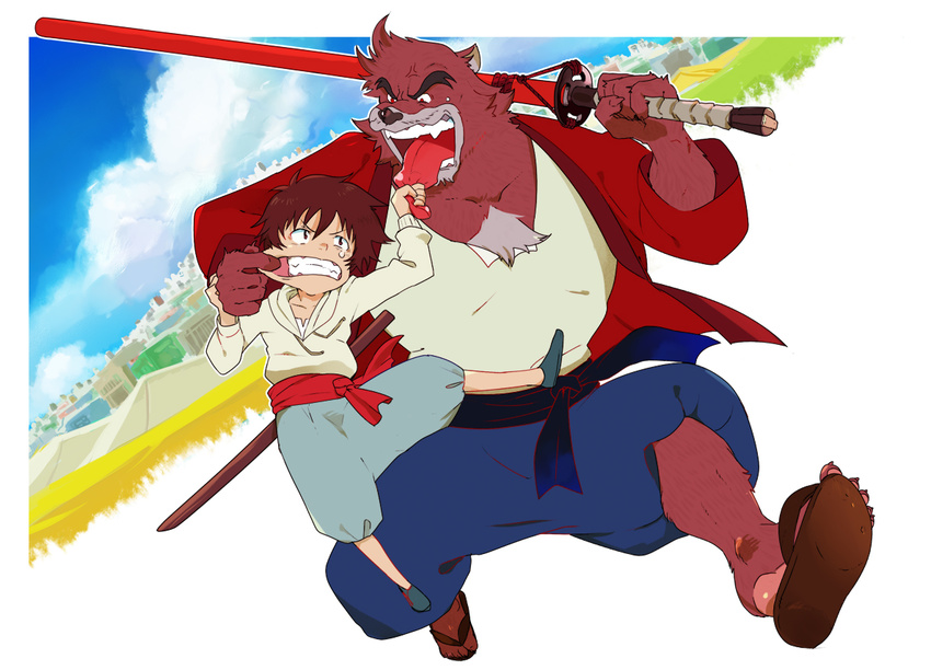 2boys animal_ears bakemono_no_ko bear_boy bear_ears belt brown_fur chisa_sa clenched_teeth commentary_request day dutch_angle finger_in_another's_mouth full_body furry furry_male holding holding_sword holding_weapon hood hooded_sweater jacket kumatetsu kyuuta_(bakemono_no_ko) long_sleeves male_focus multiple_boys open_clothes open_jacket outdoors photoshop_(medium) puffy_pants red_hair red_jacket running sandals shirt short_sleeves sweater sword t-shirt tears teeth tongue tongue_grab tongue_out weapon white_shirt