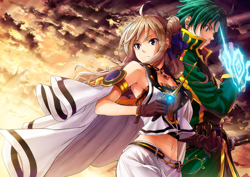 1boy ahoge armlet backlighting blonde_hair blue_bow bow breasts brown_eyes cape cleavage cloud cloudy_sky collarbone crop_top female floating_hair grancrest_senki green_hair hairbow holding holding_wand long_hair magic midriff mikuni_mizuki navel outdoors pencil_skirt short_hair siluca_meletes skirt sky standing stomach sunlight theo_cornaro wand white_cape white_skirt