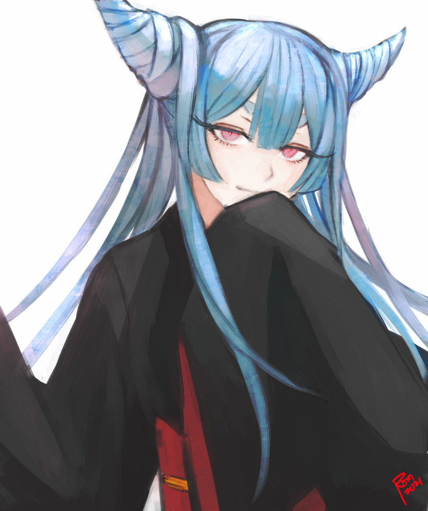 absurdres artist_name ayashimon black_kimono blue_hair eyelashes female highres horns japanese_clothes kimono long_hair long_sleeves moedredd pink_eyes simple_background sleeves_past_wrists solo upper_body urara_(ayashimon) white_background