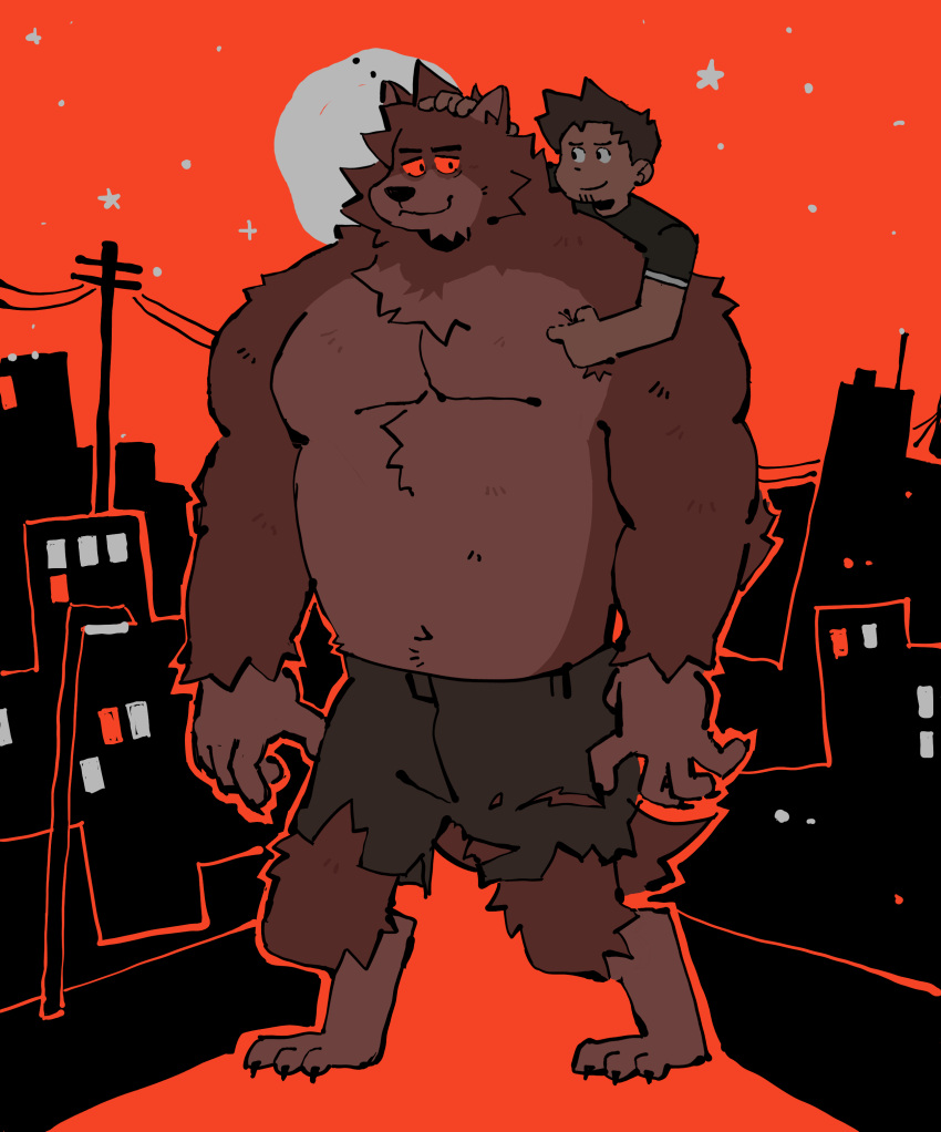 absurd_res anthro bottomwear brown_body brown_fur canid canine canis city city_background clothing digitigrade duo fur hi_res human male mammal moon muscular mythological_canine mythological_creature mythology pants red_body red_eyes red_fur scruffy smug soildweller torn_bottomwear torn_clothing torn_pants were werecanid werecanine werewolf wolf