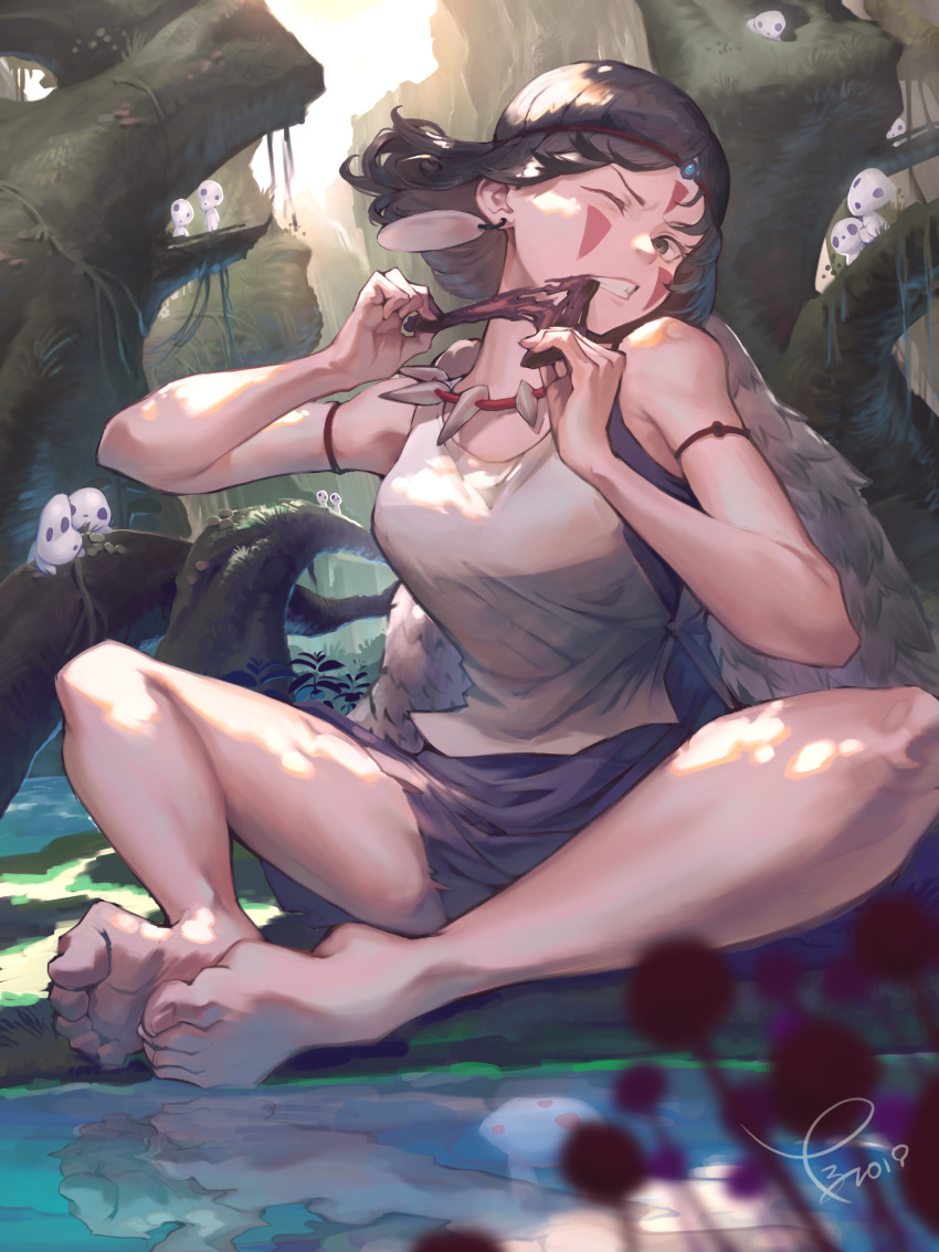 absurdres barefoot biting brown_eyes brown_hair chewing circlet commentary_request eating facepaint feet female forest highres kodama legs midorimura_naoki mononoke_hime nature one_eye_closed reflection san_(mononoke_hime) short_hair skirt solo_focus tearing_up teeth thighs toes water