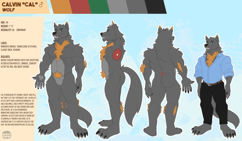 anthro biped bottomwear calvin_anderson_(character) canid canine canis claws clothing color_swatch diddydoo english_text fur grey_body grey_fur male mammal mature_male model_sheet orange_body orange_fur pants solo suit text wolf