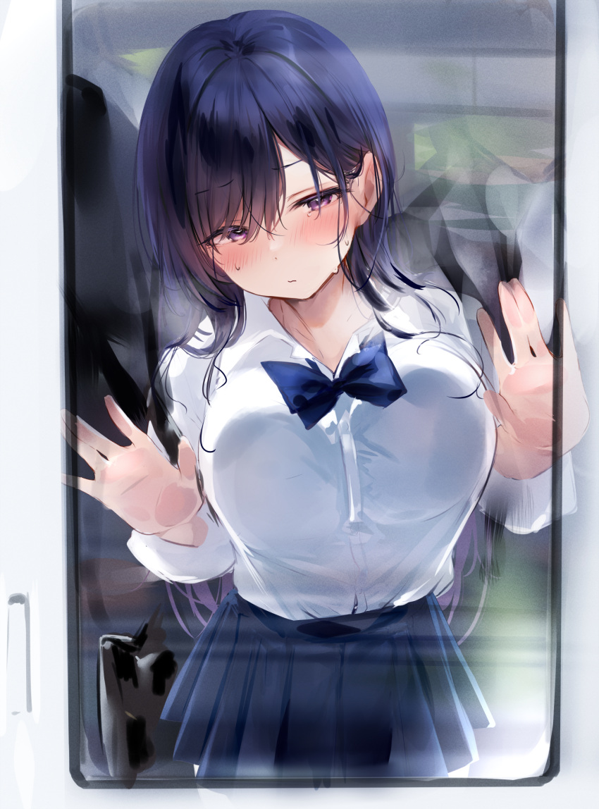 against_glass bag black_hair blue_neckwear blue_skirt blush breast_press breasts breasts_on_glass closed_mouth collared_shirt commentary_request eyes_visible_through_hair female glass hair_between_eyes highres large_breasts long_hair nekomugiharu original pleated_skirt purple_eyes reflection satou_mei school_bag school_uniform shirt shirt_tucked_in skirt solo_focus train_interior white_shirt