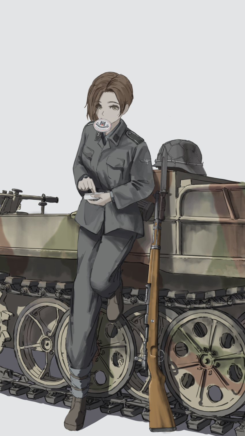 absurdres bayonet bolt_action brown_eyes brown_footwear brown_hair chocolate collaboration commentary defeat english_commentary female foot_up grey_background ground_vehicle gun hat helmet highres jacket johanna_(sebastian_z) kettenkrad long_sleeves looking_at_viewer mauser_98 military military_hat military_uniform military_vehicle motor_vehicle mouth_hold original pants rifle scho-ka-kola sebastian_z short_hair simple_background solo standing uniform unworn_headwear useless_(gss44344) weapon