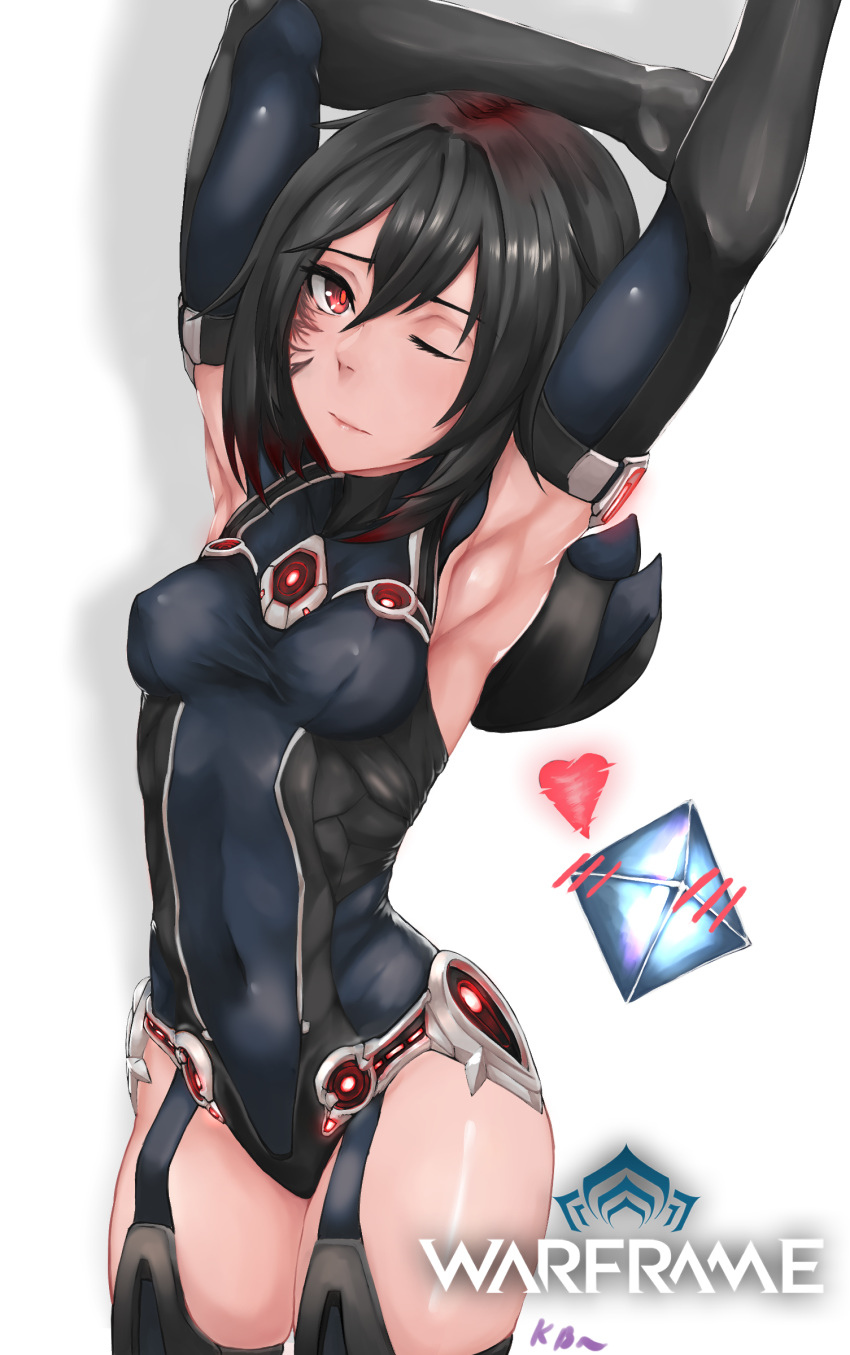 absurdres armpits black_hair bodysuit breasts commentary female highres kb-5 leotard long_hair looking_at_viewer multicolored_hair one_eye_closed operator_(warframe) ordis_(warframe) red_eyes red_hair scar small_breasts solo streaked_hair two-tone_hair warframe