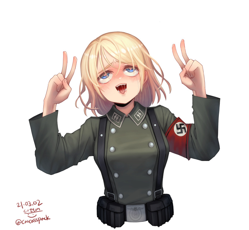 absurdres ahe_gao armband arms_up artist_name blonde_hair blue_eyes blush breasts buttons commentary_request commission cotton_(carcasspack) dated double-breasted double_v female green_jacket heart heart-shaped_pupils highres jacket long_sleeves looking_at_viewer looking_up medium_hair military military_uniform nazi open_mouth original saliva simple_background solo ss_insignia swastika symbol-shaped_pupils tongue tongue_out twitter_username uniform upper_body v white_background