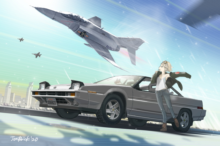 aircraft airplane canine car commentary_request f-18_hornet f-4_phantom_ii female fighter_jet floating_hair jacket jet jettoburikku looking_to_the_side looking_up military military_vehicle motor_vehicle original rising_sun_flag sports_car subaru_(brand) subaru_xt6 sunburst united_states united_states_navy vehicle_focus white_hair