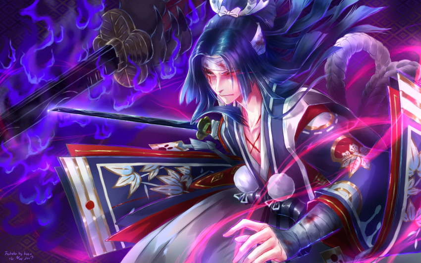 1boy bandaged_arm bandages black_hair blood closed_mouth collarbone commentary_request dark_background eyes_visible_through_hair fal-da glowing glowing_eye highres holding holding_sword holding_weapon japanese_clothes long_hair long_sleeves looking_to_the_side male_focus onikiri_(onmyoji) onmyoji pom_pom_(clothes) solo sword weapon