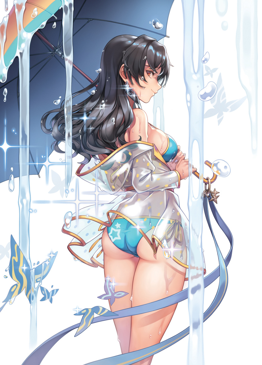 aqua_bikini ass bikini black_hair breasts bug butterfly closed_mouth commentary_request cowboy_shot female from_behind highres holding holding_umbrella idolmaster idolmaster_million_live! idolmaster_million_live!_theater_days large_breasts long_hair looking_back machi_(machi333) profile raincoat red_eyes see-through smile solo sparkle swimsuit takayama_sayoko umbrella water