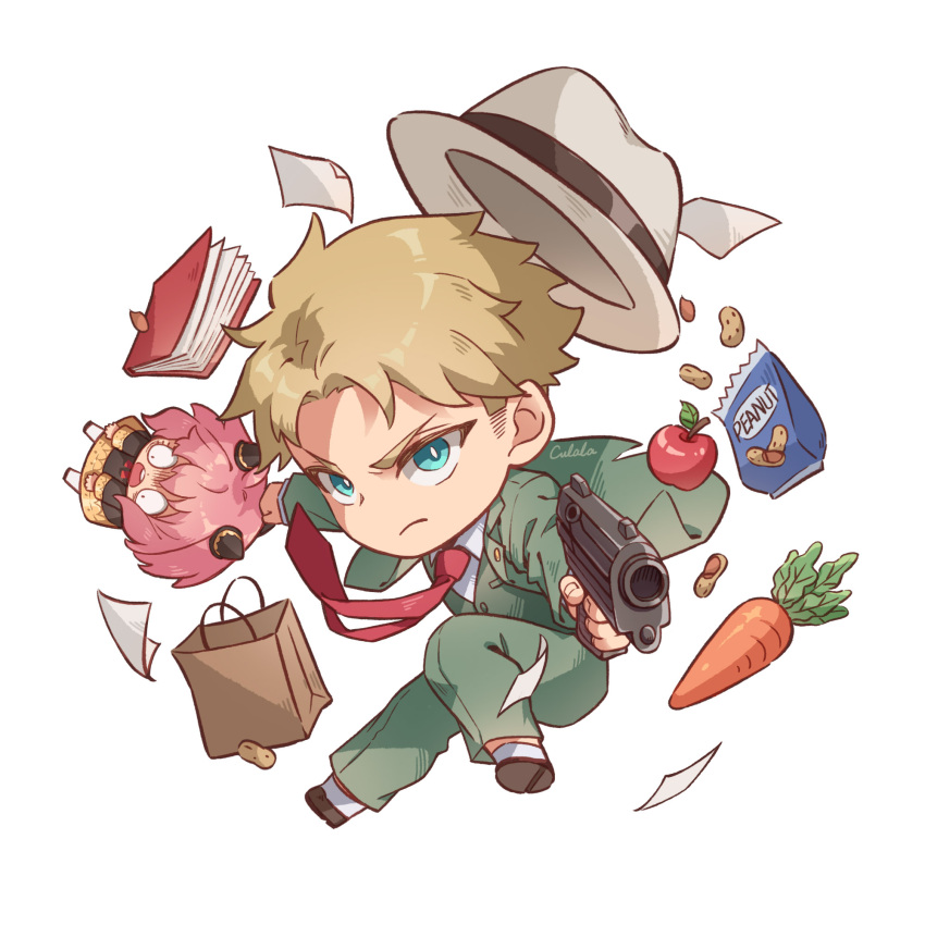 1boy :o action aiming aiming_at_viewer anya_(spy_x_family) apple aqua_eyes artist_name bag black_dress black_footwear blonde_hair book brown_bag carrot chibi closed_mouth clothes_grab collared_shirt dangling dress dropping eden_academy_school_uniform fake_horns female food frown fruit full_body green_jacket green_pants green_vest grey_headwear grocery_bag gun hair_ornament handgun hat hat_loss highres holding holding_gun holding_weapon horns jacket lolicon long_sleeves looking_at_viewer looking_away necktie open_mouth outstretched_arms pants paper paper_bag peanut pink_hair red_necktie school_uniform shirt shoes shopping_bag short_hair sideburns simple_background spy_x_family surprised twilight_(spy_x_family) vest weapon white_background white_legwear white_shirt wide-eyed zoe_(killyou80)