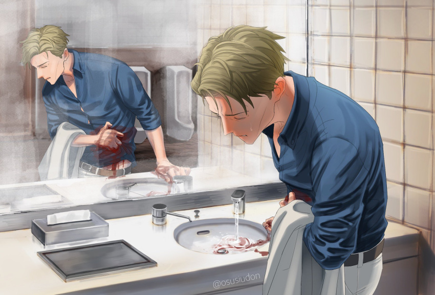 1boy artist_name belt belt_buckle biting_own_lip bleeding blonde_hair blood blood_stain blue_shirt brown_belt buckle button_gap closed_eyes collared_shirt commentary dress_shirt highres indoors injury jacket jujutsu_kaisen male_focus mirror nanami_kento no_eyewear osusiudon pain pants reflection restroom shirt short_hair sink solo sweat tiles tissue_box unworn_jacket urinal water white_pants wince