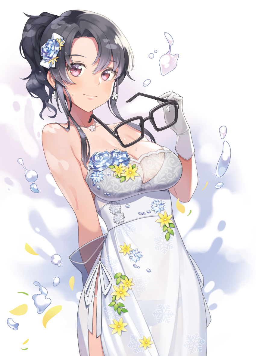 absurdres black-framed_eyewear black_hair breasts cleavage closed_mouth dress female flower glasses gloves hair_flower hair_ornament highres holding holding_removed_eyewear idolmaster idolmaster_million_live! jewelry large_breasts long_hair looking_at_viewer machi_(machi333) necklace panties pantyshot parted_bangs petals red_eyes see-through short_ponytail side_slit smile solo takayama_sayoko tied_hair underwear unworn_eyewear water white_background white_dress white_gloves white_panties