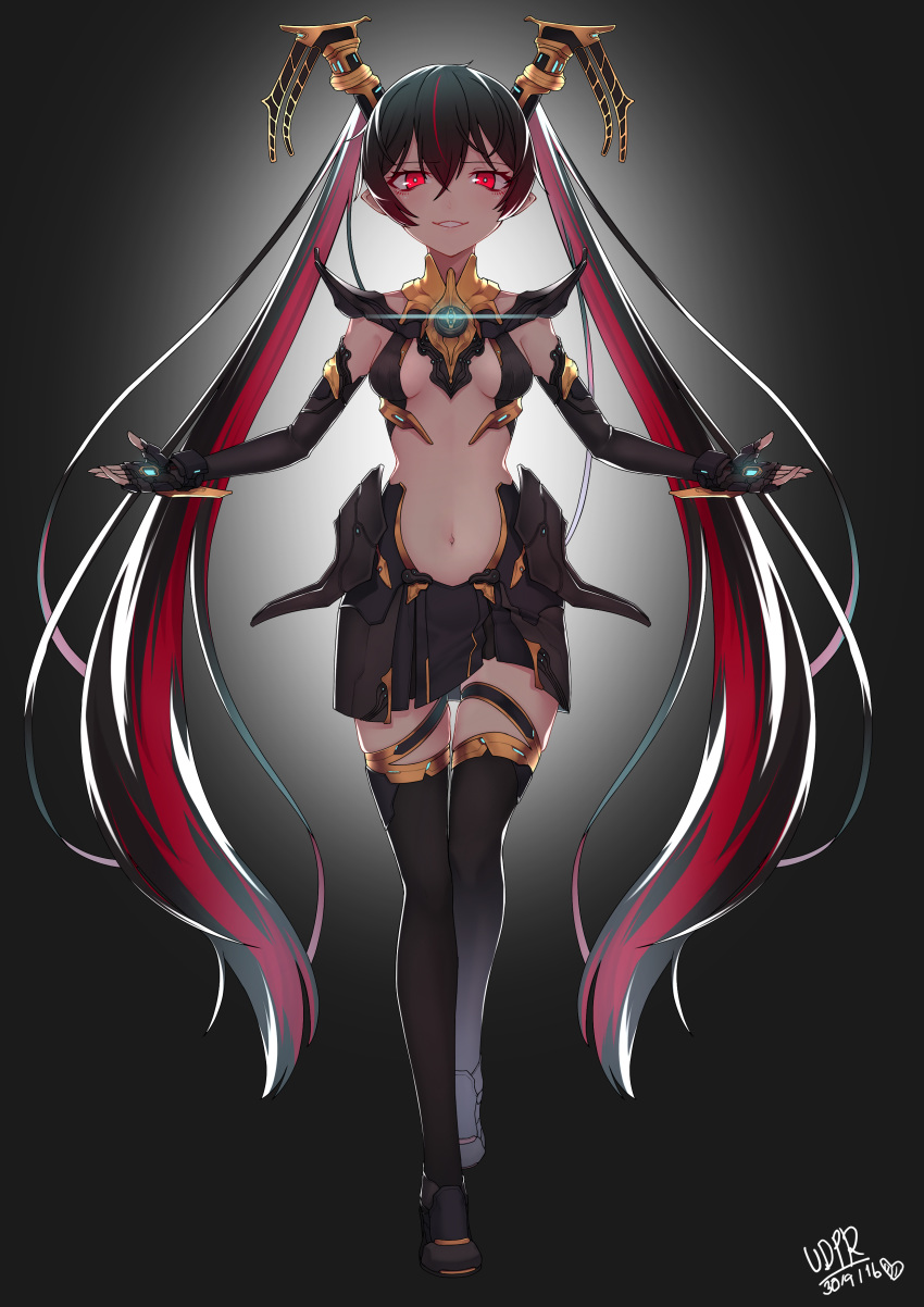 absurdres black_hair black_thighhighs bodysuit breasts commentary dethcube dethcube_prime female glowing hair_between_eyes hair_ornament highres long_hair looking_at_viewer miniskirt multicolored_hair navel patton_(cross-bones-t) personification photoshop_(medium) red_eyes red_hair sentinel_(warframe) simple_background skirt small_breasts smile solo thighhighs two-tone_hair warframe zettai_ryouiki