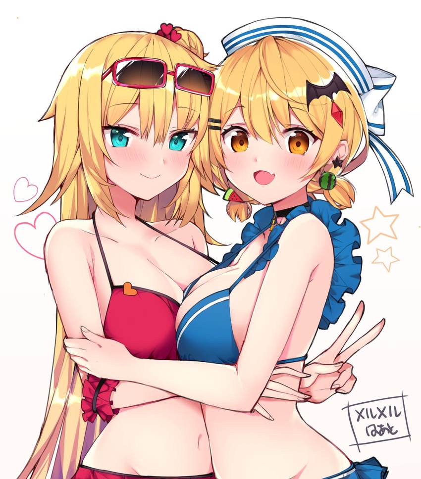 2girls akai_haato akai_haato_(hololive_summer_2019) arm_scrunchie bare_shoulders bat_hair_ornament bikini black_choker blonde_hair blue_bikini blue_eyes blush breast_press breasts choker cleavage collarbone commentary earrings eyewear_on_head food-themed_hair_ornament from_side groin hair_bun hair_ornament haruyuki_(yukichasoba) hat heart highres hololive hug jewelry large_breasts long_hair multiple_girls navel red-framed_eyewear red_bikini sailor_hat scrunchie short_hair simple_background single_hair_bun star_(symbol) star_earrings sunglasses swimsuit symmetrical_docking translated upper_body v very_long_hair virtual_youtuber watermelon_hair_ornament white_background yellow_eyes yozora_mel yozora_mel_(hololive_summer_2019)