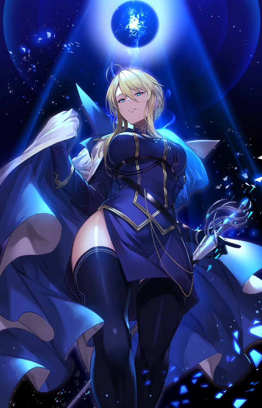 ahoge aiguillette artoria_pendragon_(fate) artoria_pendragon_(lancer)_(fate) artoria_pendragon_(lancer)_(formal_dress)_(fate) belt black_thighhighs blonde_hair blue_eyes blue_gloves blue_jacket blue_skirt blue_thighhighs braid breasts cape chains commentary_request fate/grand_order fate_(series) female french_braid from_below gloves hair_between_eyes highres holding jacket kakage large_breasts looking_at_viewer medium_breasts military military_jacket military_uniform miniskirt parted_lips popped_collar rhongomyniad_(fate) short_hair side_slit sidelocks skirt solo standing swept_bangs thighhighs thighs uniform weapon white_cape