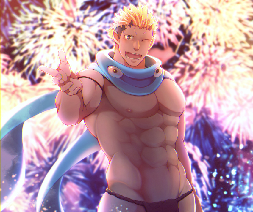 1boy abs absurdres bara black_fundoshi black_hair black_male_underwear blonde_hair blush commentary_request crow_(siranui) firework_background fireworks fundoshi highres horns japanese_clothes jiraiya_(housamo) large_pectorals looking_at_viewer male_focus male_underwear multicolored_hair muscular muscular_male navel nipples pectorals revision scarf short_hair smile solo tokyo_afterschool_summoners topless_male underwear upper_body