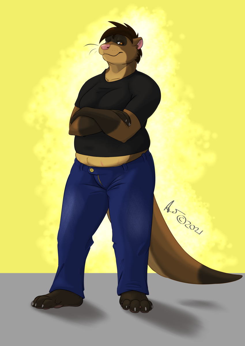 absurd_res alex.fetter alex_(alex.fetter) anthro belly brown_body brown_eyes brown_fur clothing domestic_ferret fur hi_res hybrid male mammal mustelid musteline otter overweight overweight_anthro overweight_male simple_background solo true_musteline weasel whiskers