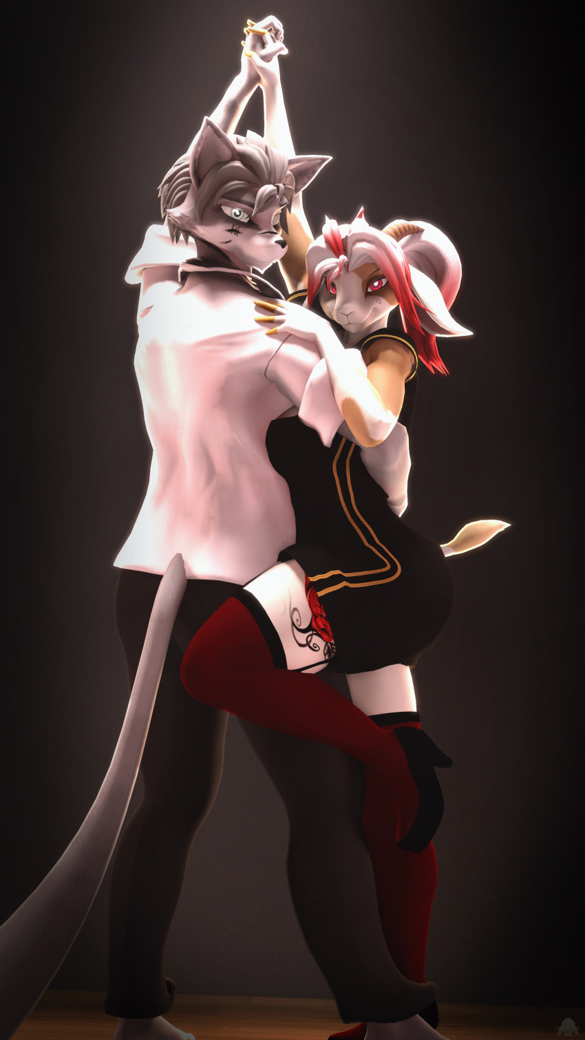 3d_(artwork) 4k 9:16 absurd_res ali_(domibun) anthro big_breasts black_bottomwear black_clothing black_dress black_pants bottomwear bovid breasts brown_body brown_fur canid canine caprine cheek_tuft clothing dancing digital_media_(artwork) domibun dress duo facial_tuft female fingerless_(marking) footwear fox fur goat grey_body grey_eyes grey_fur hair hand_holding hi_res high_heels highlights_(coloring) horn kanagawa_(domibun) leg_tattoo legwear looking_at_viewer male mammal multicolored_body multicolored_fur pants raised_leg red_clothing red_eyes red_hair red_highlights red_legwear red_stockings shirt source_filmmaker_(artwork) standing stockings tango_(dance) tattoo topwear tuft two_tone_body two_tone_fur warfare_machine white_body white_clothing white_fur white_hair white_shirt white_topwear