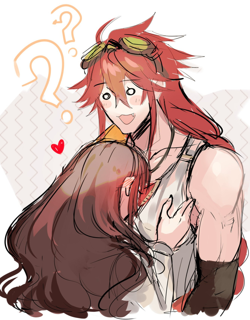 1boy :3 ? blank_eyes blush blush_stickers brown_hair cardia_beckford code:realize confused face_to_pecs female goggles goggles_on_head heart highres impey_barbicane kash-phia long_hair pectoral_cleavage pectorals red_hair straight wavy_hair