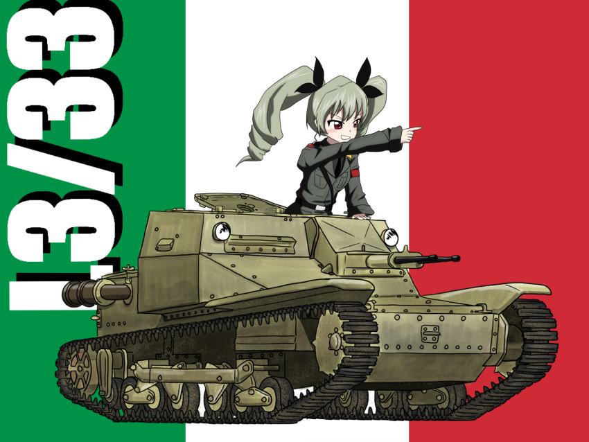 anchovy_(girls_und_panzer) anzio_military_uniform carro_veloce_cv-33 caterpillar_tracks female girls_und_panzer green_hair hair_ribbon highres italian_flag military military_vehicle motor_vehicle pointing red_eyes ribbon smile tank teisei_sagishi twintails