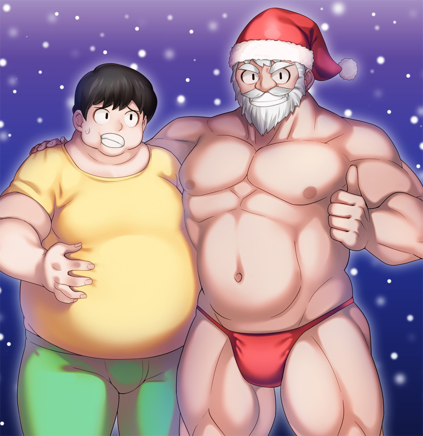 2boys beard black_hair briefs commentary_request cookie_(touhou) cowboy_shot dual_persona facial_hair fat fat_man green_pants grey_hair grin hand_on_another's_shoulder hat highres looking_at_another looking_at_viewer looking_to_the_side male_focus male_swimwear male_underwear moustache multiple_boys muscular muscular_male navel nipples old old_man pants photoshop_(medium) red_male_underwear santa_hat shirt short_hair smile snowing suzuki_(cookie) swim_briefs tarmo thumbs_up topless_male underwear yellow_shirt