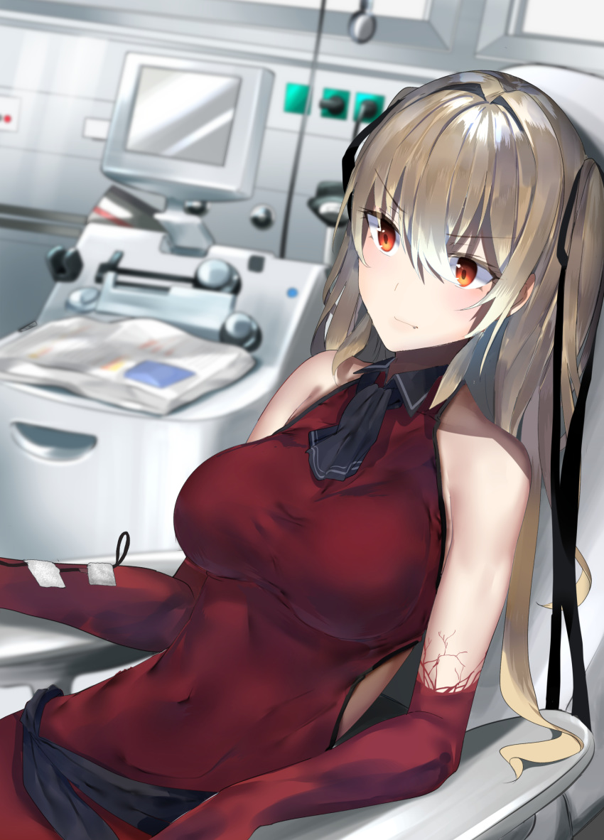 araido_kagiri bad_id bad_pixiv_id bare_shoulders black_neckwear blood_donation blurry blurry_background breasts brown_hair closed_mouth commentary covered_navel depth_of_field dress female frown hair_between_eyes hair_ribbon highres large_breasts long_hair looking_at_viewer oerba_yun_fang original red_dress red_eyes ribbon sitting sleeveless sleeveless_dress solo twintails v-shaped_eyebrows vampire vampire-chan_(araido_kagiri) wing_collar