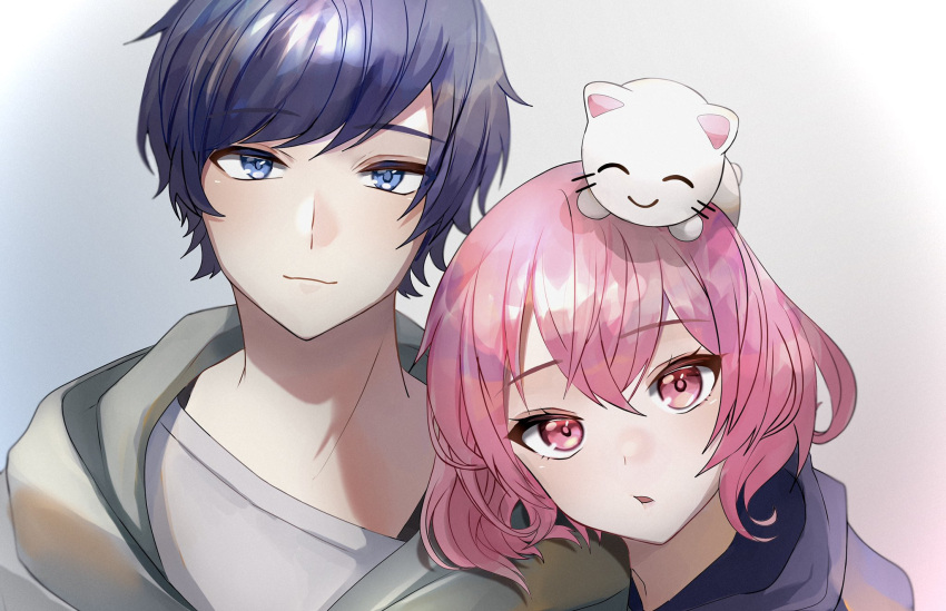 2boys black_hair blue_eyes blue_hair highres holding hood indie_utaite long_sleeves looking_at_viewer male_focus mebuki_(moon_angel_4) multiple_boys nqrse nqrse_no_neko open_mouth pants shirt short_hair skirt sky smile soraru standing utaite